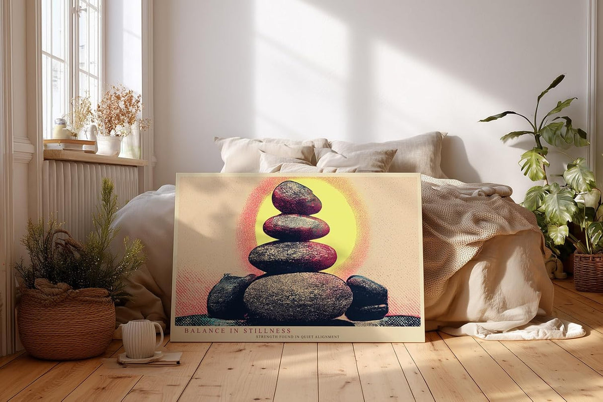 Paul Sinus Wandbild 120x80cm Zen Steine Balance Meditation Kunstmotiv mit Sonnenkreis ruhige Spa Wanddekoration fuer Wohnzimmer Yoga Raum