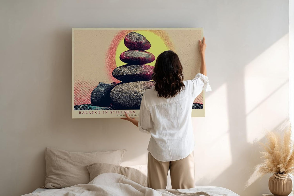 Paul Sinus Wandbild 120x80cm Zen Steine Balance Meditation Kunstmotiv mit Sonnenkreis ruhige Spa Wanddekoration fuer Wohnzimmer Yoga Raum