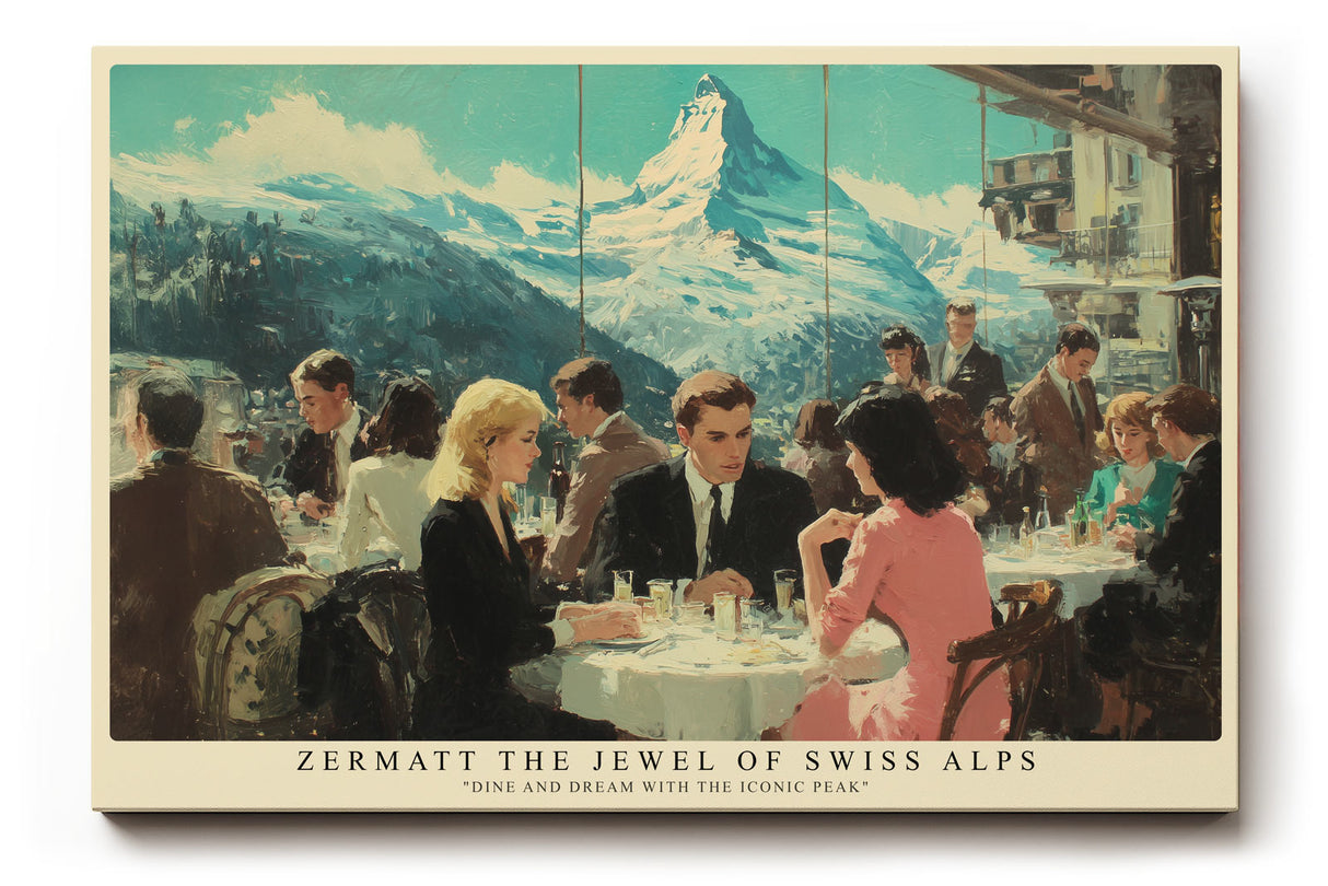 Paul Sinus Wandbild Zermatt The Jewel of Swiss Alps Malerische Szene eines eleganten Restaurants mit Blick auf das Matterhorn – Sinnbild für Luxus und Bergromantik.