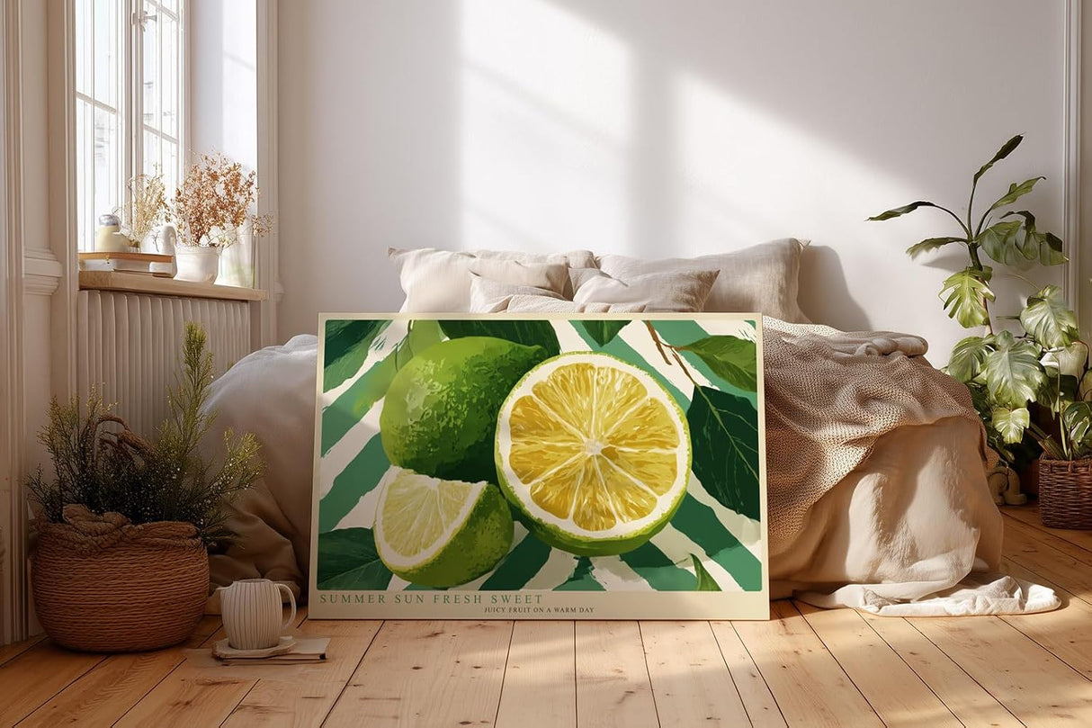 Paul Sinus Wandbild 120x80cm Zitrone Illustration frisches Obst modern grün gelb Küche Kunstbild sommerliche Frucht Illustration stilvolle Wanddekoration für Küche Esszimmer Café