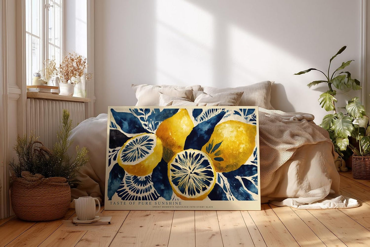 Paul Sinus Wandbild 120x80cm Zitronen Illustration blau gelb mediterrane Kunst modernes Fruchtmotiv Kunstdruck grosses Wandbild 120x80cm frische Wanddekoration fuer Kueche Esszimmer Wohnzimmer