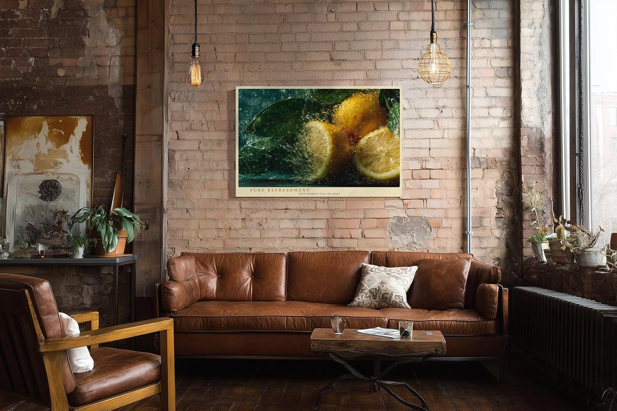 Paul Sinus Wandbild 120x80cm Zitronen mit Wasserspritzern frisches Frucht Stillleben gruene Blaetter lebendige Kuechenkunst moderne Leinwand Wanddekoration fuer Kueche Esszimmer Bar