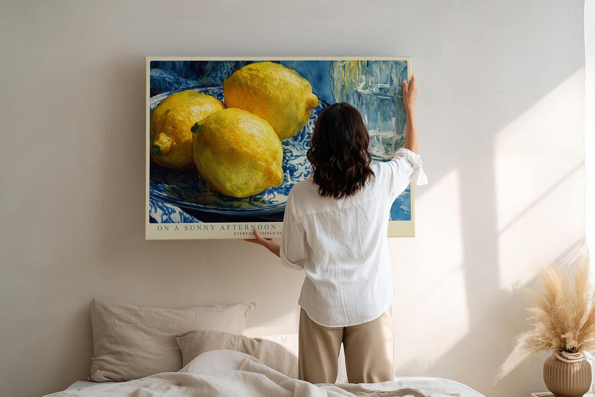 Paul Sinus Wandbild 120x80cm Zitronen Stillleben Fruchtmalerei blau gelb mediterrane Kuechenkunst Wanddekoration fuer Esszimmer Kueche Wohnzimmer