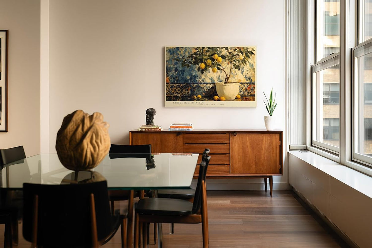 Paul Sinus Wandbild 120x80cm Zitronenbaum mediterrane Stillleben Malerei moderne Obst Kunst Kunstdruck grosses Wandbild 120x80cm sonnige Wanddekoration fuer Kueche Esszimmer Wohnzimmer