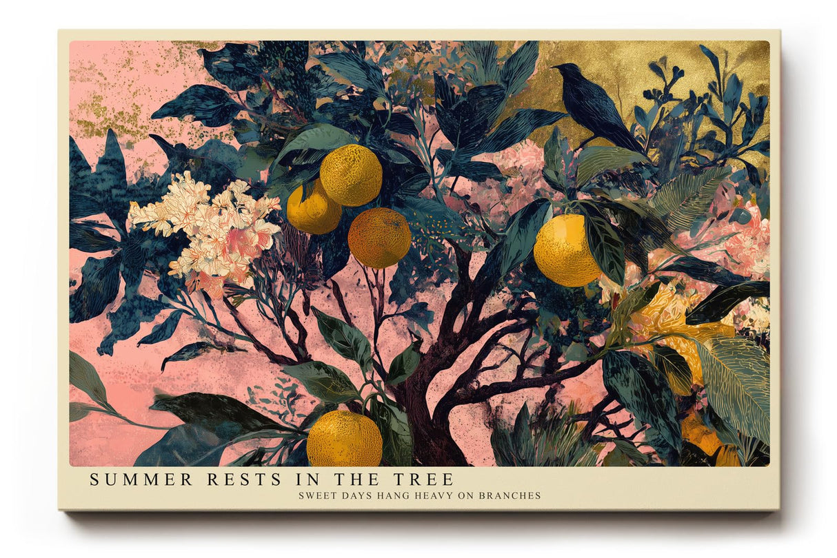 Paul Sinus Wandbild 120x80cm Zitronenbaum mit Vogel Botanische Kunst in Grün Gelb und Rosa für Wohnzimmer Küche Büro