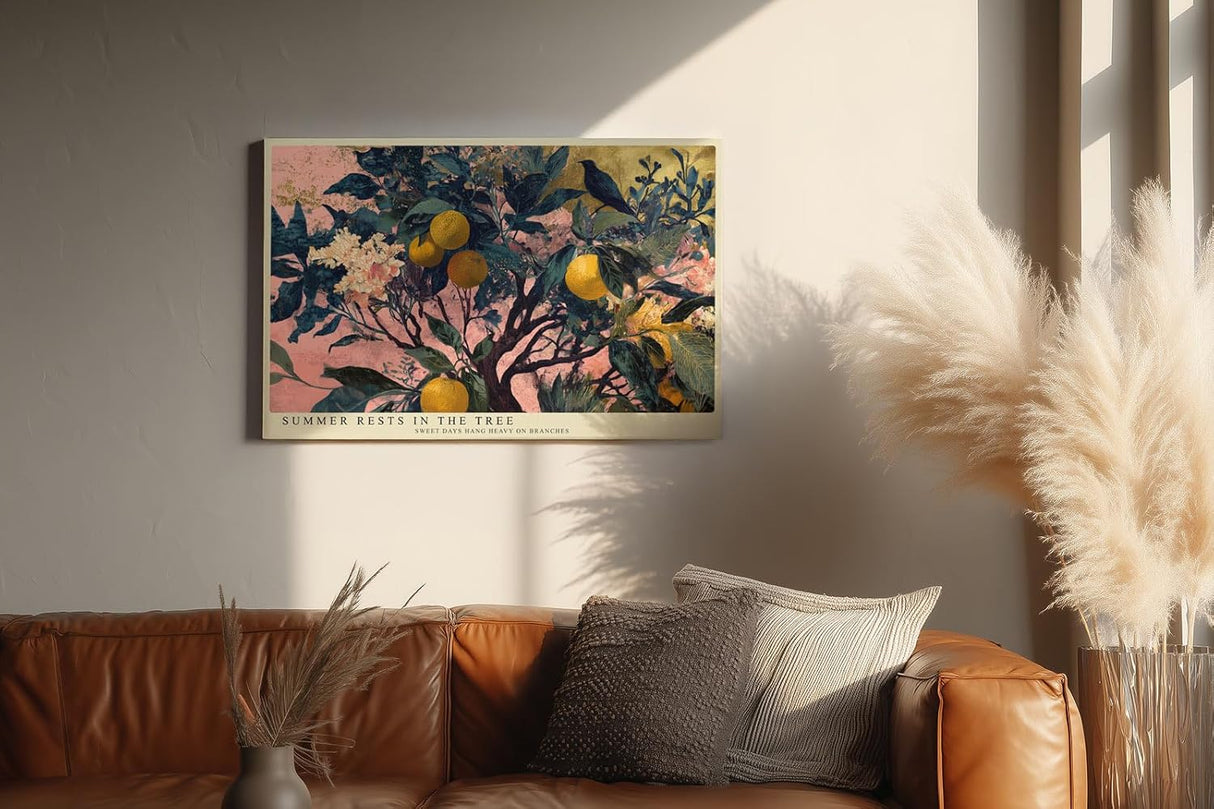 Paul Sinus Wandbild 120x80cm Zitronenbaum mit Vogel Botanische Kunst in Grün Gelb und Rosa für Wohnzimmer Küche Büro
