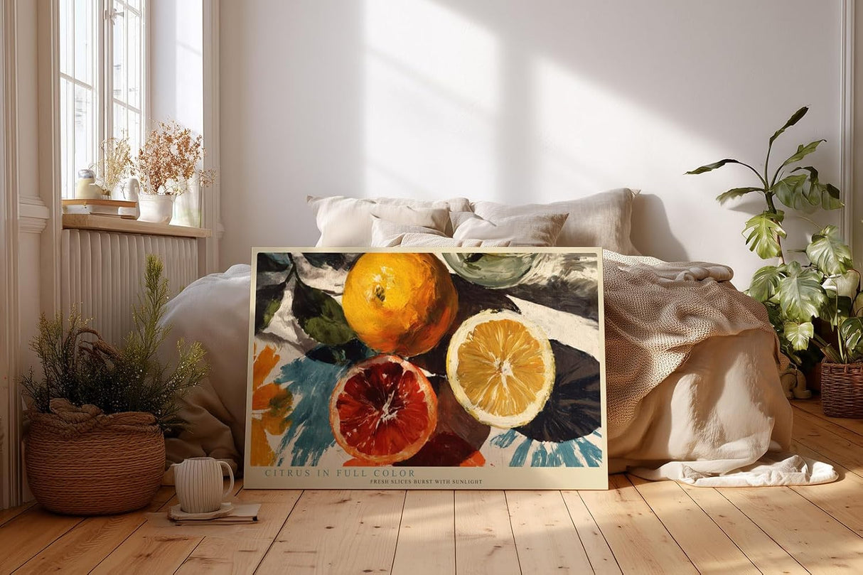 Paul Sinus Wandbild 120x80cm Zitrus Stillleben moderne Frucht Kunst orange gelb Kunstdruck grosses Wandbild 120x80cm frische Wanddekoration fuer Kueche Esszimmer Wohnzimmer