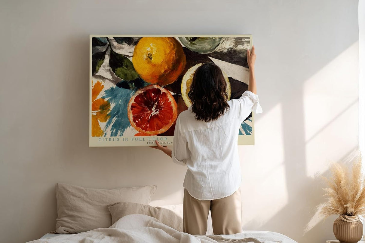 Paul Sinus Wandbild 120x80cm Zitrus Stillleben moderne Frucht Kunst orange gelb Kunstdruck grosses Wandbild 120x80cm frische Wanddekoration fuer Kueche Esszimmer Wohnzimmer