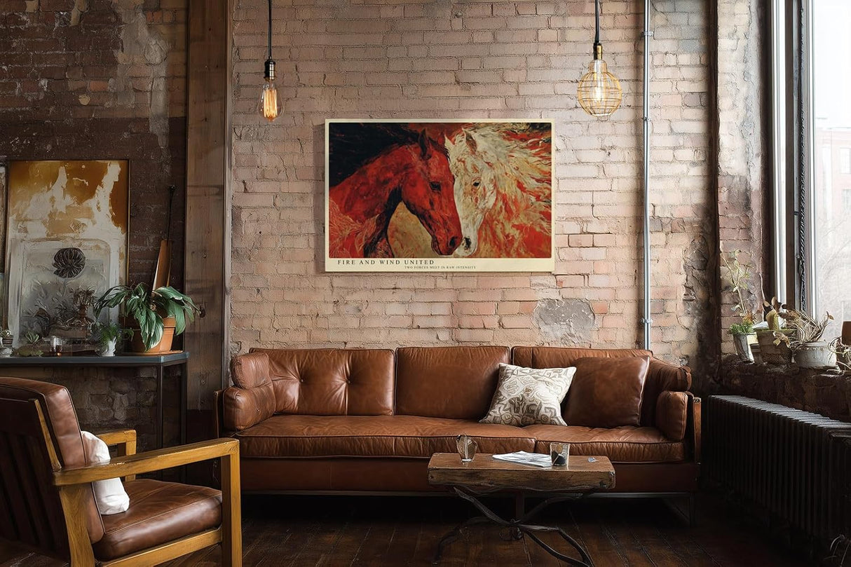 Paul Sinus Wandbild 120x80cm zwei Pferde abstrakte Tierkunst rot weiss moderne Pferdemalerei Kunstdruck grosses Wandbild 120x80cm kraftvolle Wanddekoration fuer Wohnzimmer Büro
