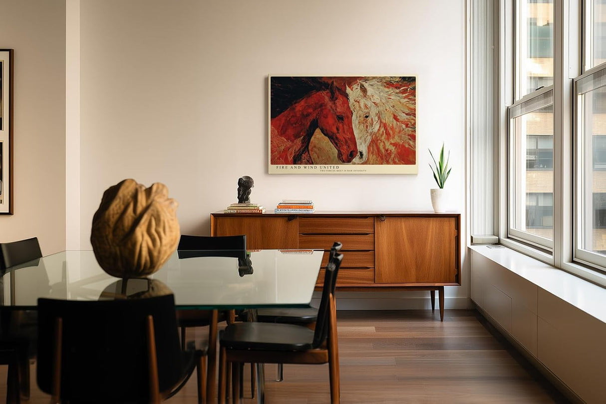 Paul Sinus Wandbild 120x80cm zwei Pferde abstrakte Tierkunst rot weiss moderne Pferdemalerei Kunstdruck grosses Wandbild 120x80cm kraftvolle Wanddekoration fuer Wohnzimmer Büro