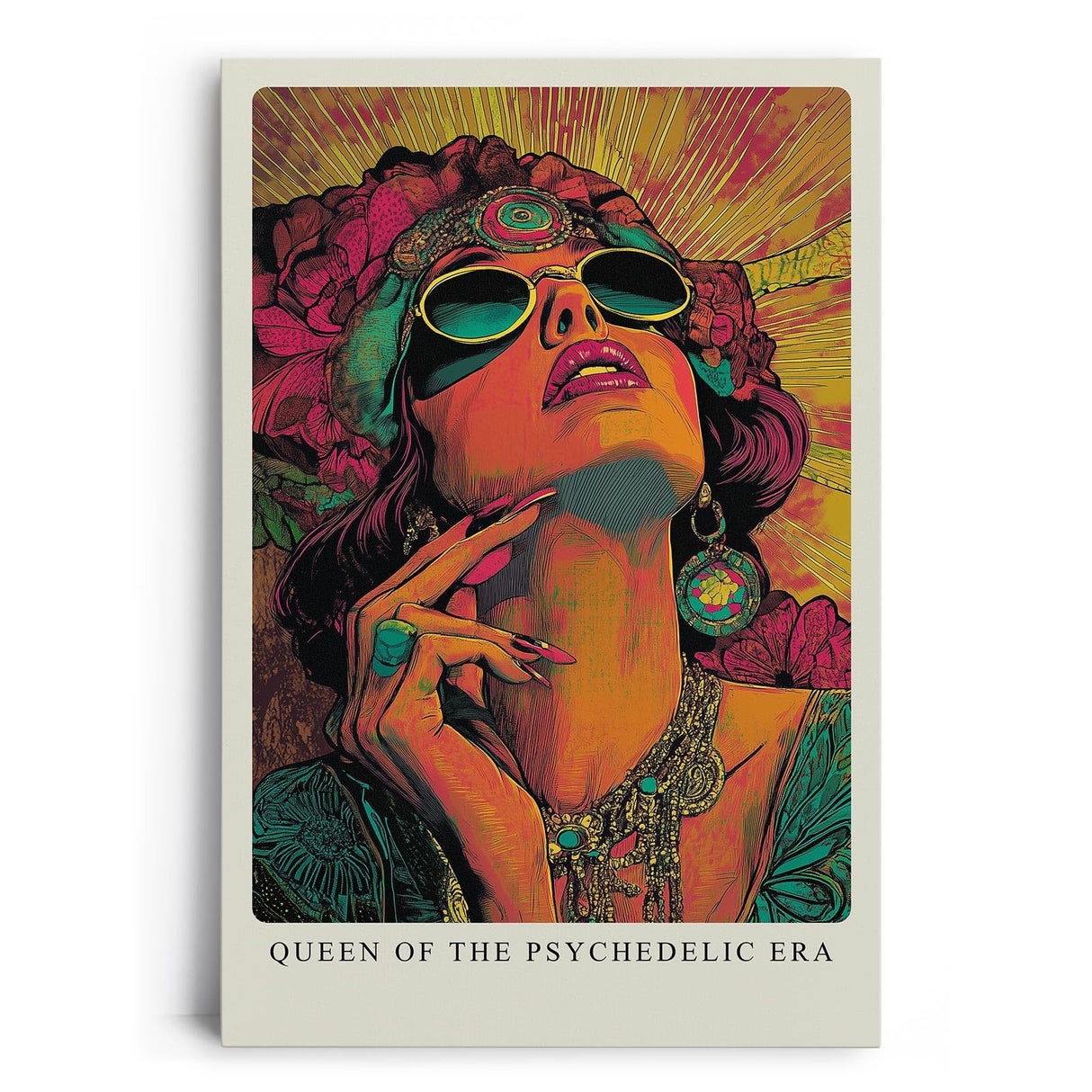 Paul Sinus Leinwandbild 60x90cm psychedelische Queen in leuchtenden Farben und ikonischem Retro-Stil – kunstvolles Leinwandbild
