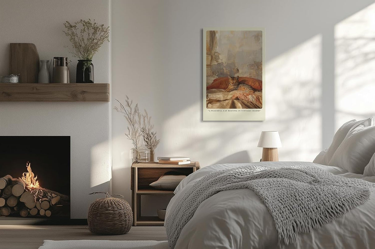 Paul Sinus Leinwandbild 40x60cm Ruhende Katze – Gemütliche Vintage-Atmosphäre mit entspanntem Haustier auf sanften Stoffen