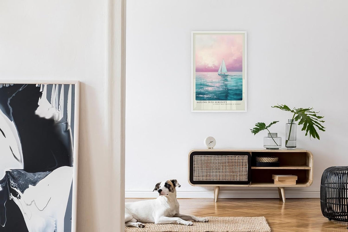 Paul Sinus Leinwandbild 80x120cm Segelboot in sanfter Abendstimmung mit rosa Himmel und ruhigem Wasser – kunstvolles Leinwandbild