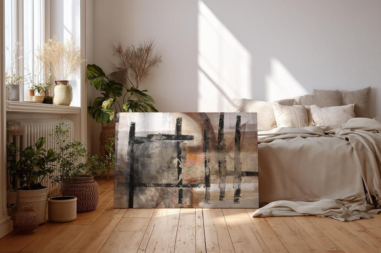 Sinus Art Wandbild 120x80cm Abstrakte Architekturformen mit geometrischen Linien in Braun, Grau und Schwarz