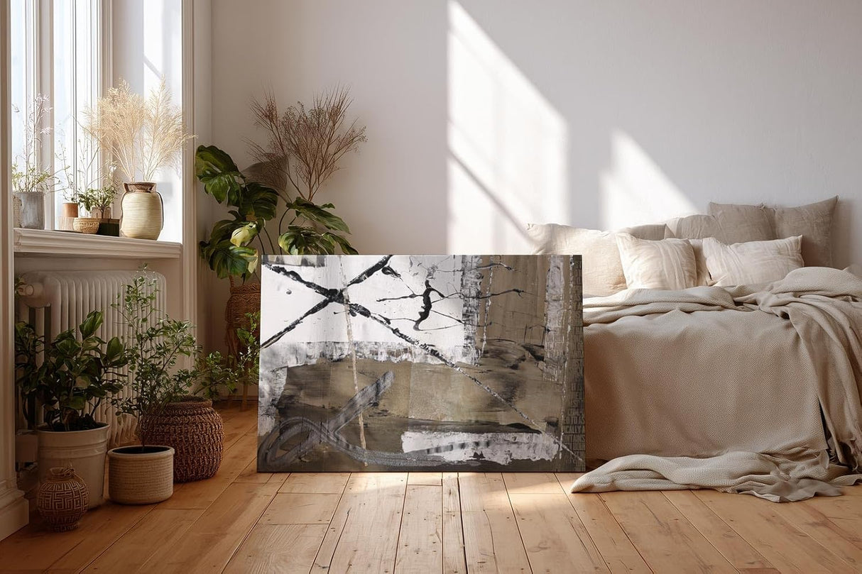 Sinus Art Wandbild 120x80cm Abstrakte Elemente in Schwarz, Weiß und Braun mit grafischen Linien und Symbolen