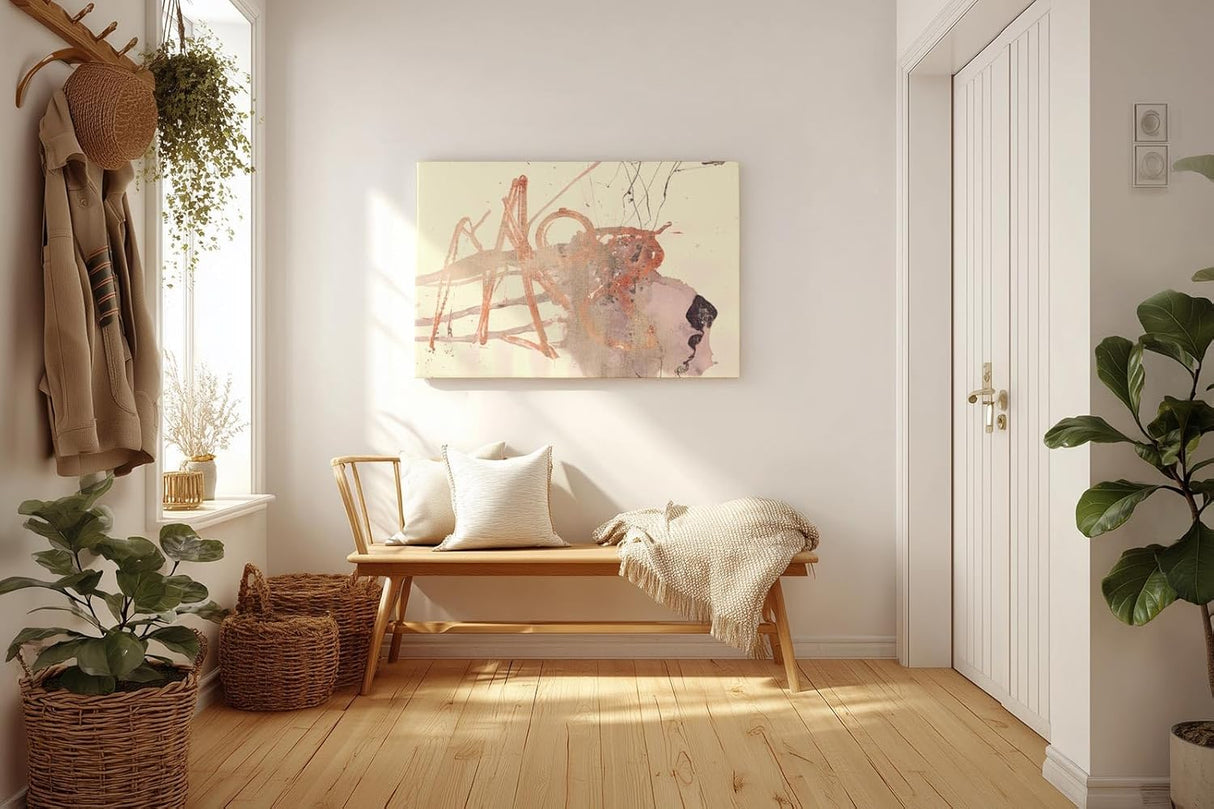 Sinus Art Wandbild 120x80cm Abstrakte Formen in sanftem Rot, Beige und Grau mit skizzenhaften Linien