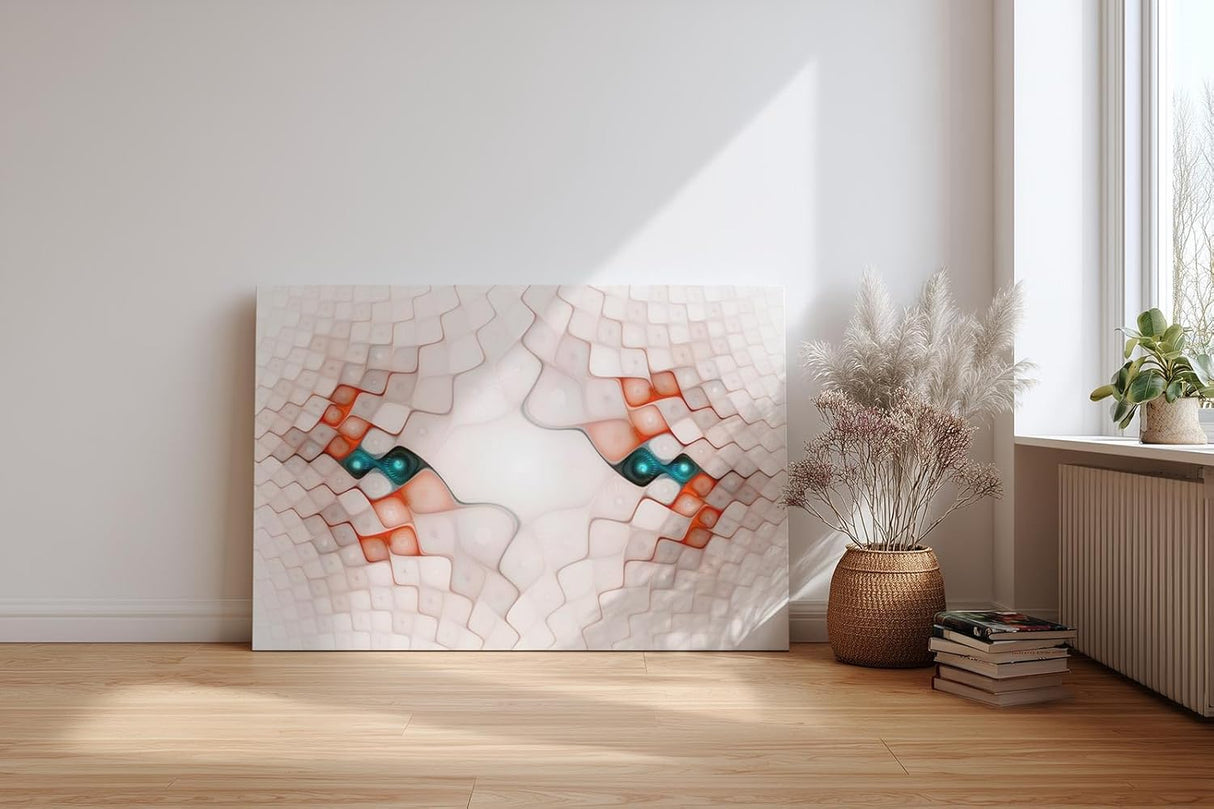 Sinus Art Wandbild 120x80cm Abstrakte Kachelstruktur in Rosa, Rot und Türkis mit symmetrischer Mitte und leuchtenden Akzenten