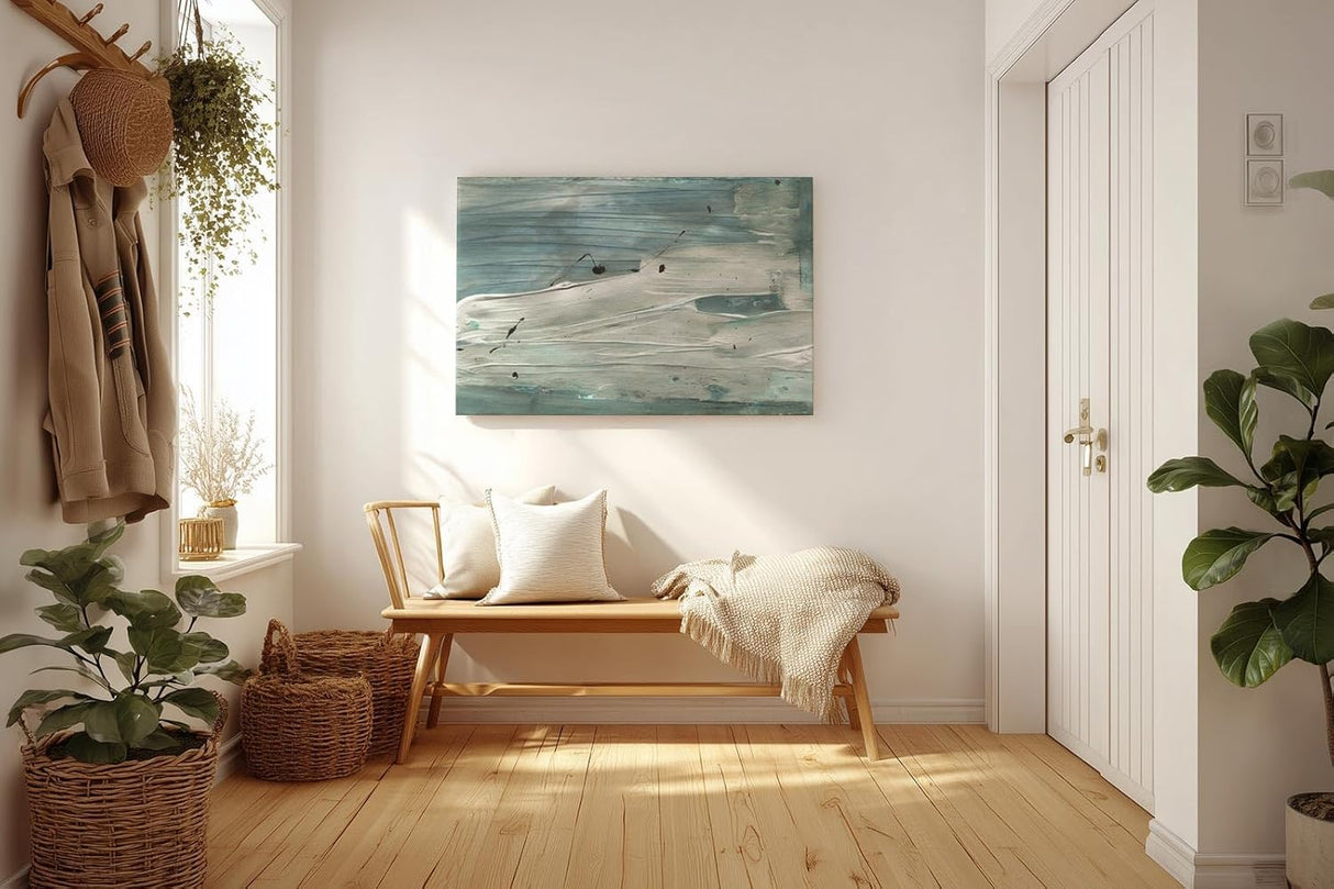 Sinus Art Wandbild 120x80cm Abstrakte Meer- oder Wasserbewegung in kühlen Blaugrün- und Grautönen
