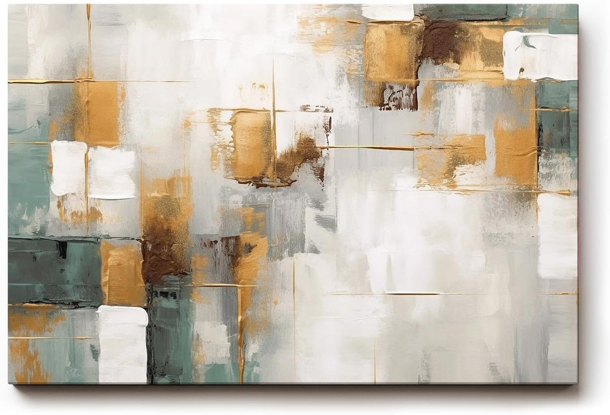 Sinus Art Wandbild 120x80cm Abstraktes Motiv mit geometrischen Flächen in Gold, Grün und Weiß für moderne Raumgestaltung