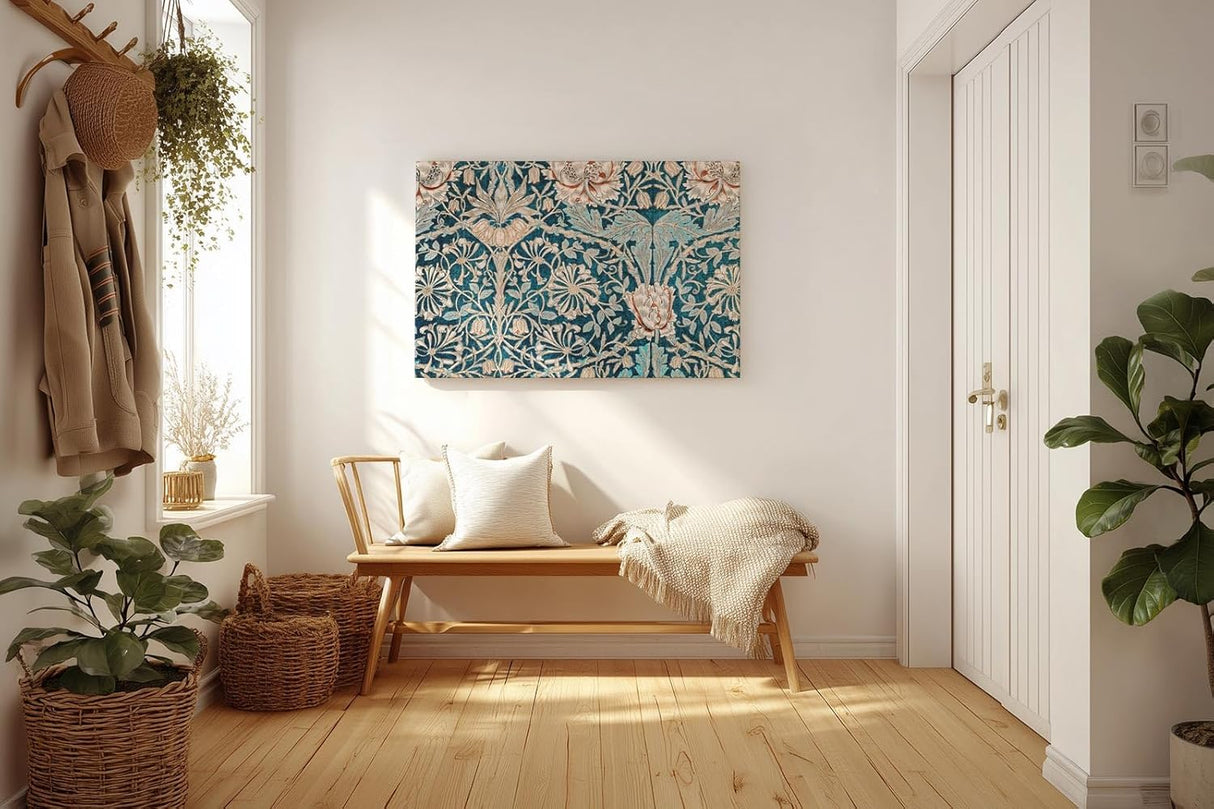 Sinus Art Wandbild 120x80cm Antik wirkendes Blütenmuster auf strukturreichem Türkisgrund mit floralen Elementen