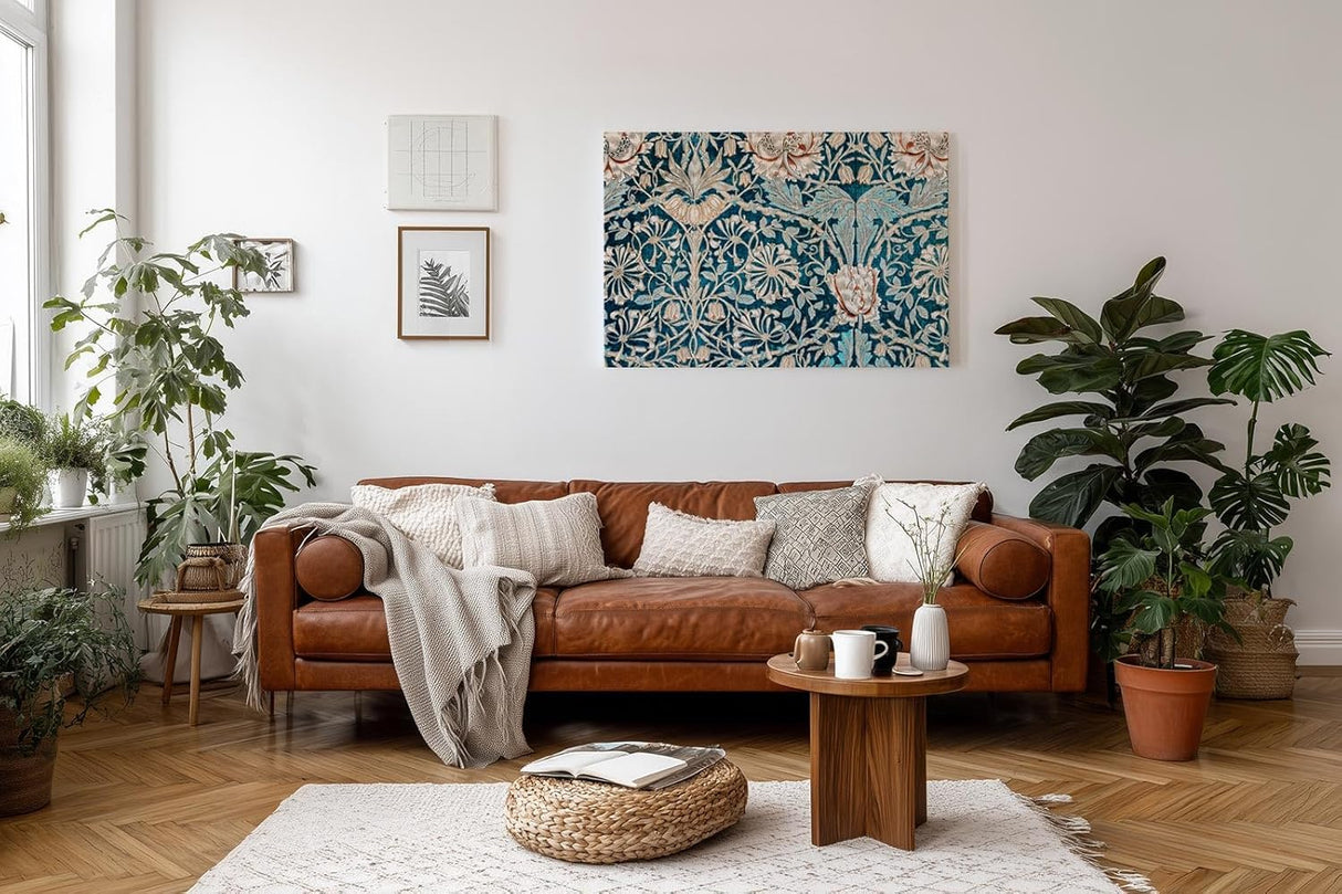 Sinus Art Wandbild 120x80cm Antik wirkendes Blütenmuster auf strukturreichem Türkisgrund mit floralen Elementen