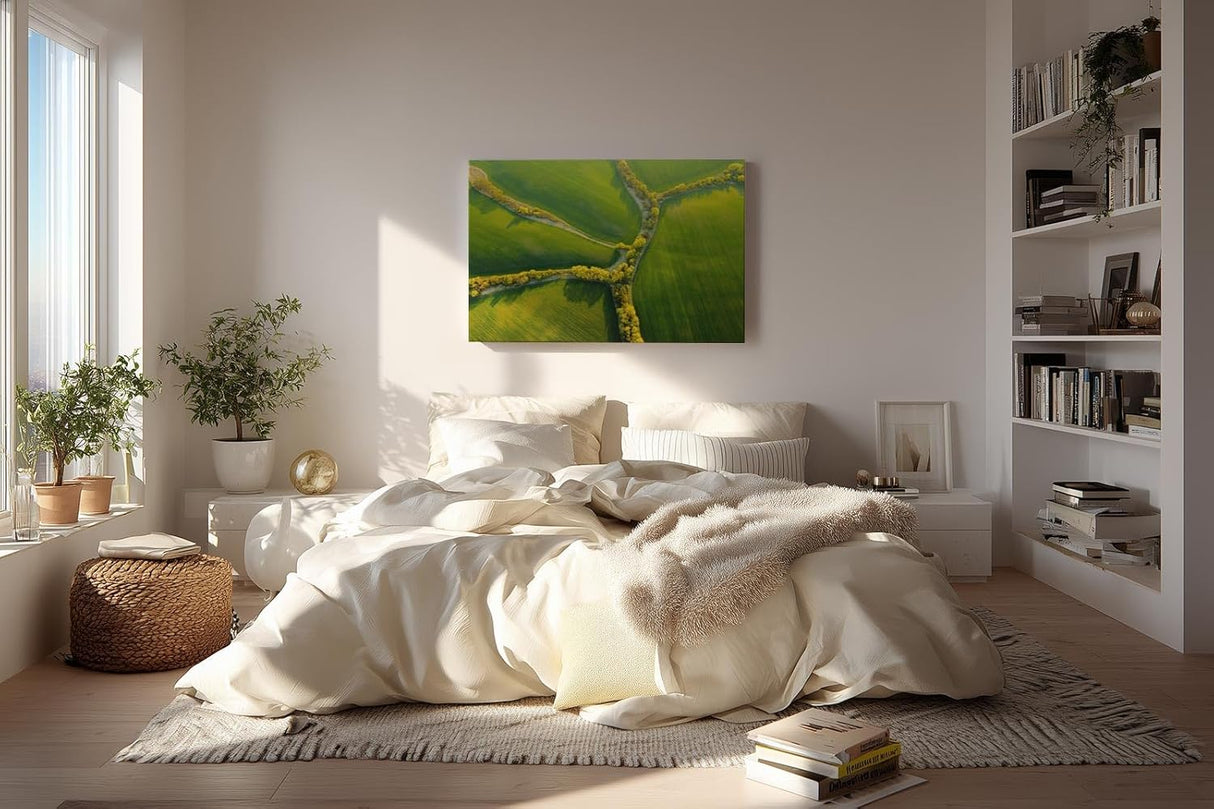 Sinus Art Wandbild 120x80cm Atemberaubende Luftaufnahme mit geometrisch verlaufenden Baumreihen auf sattem Grün