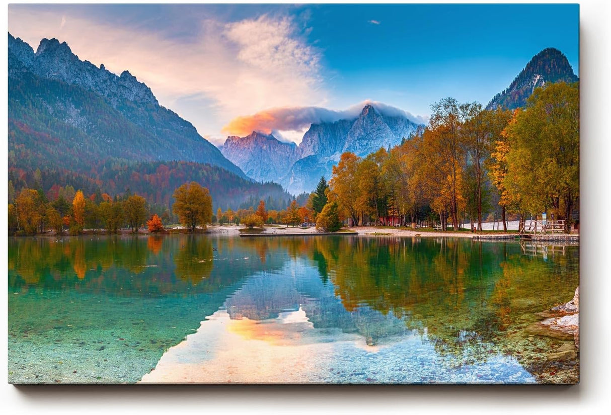 Sinus Art Wandbild 120x80cm Bunt gefärbter Herbstwald am See mit Spiegelung vor alpiner Kulisse für harmonische Raumwirkung