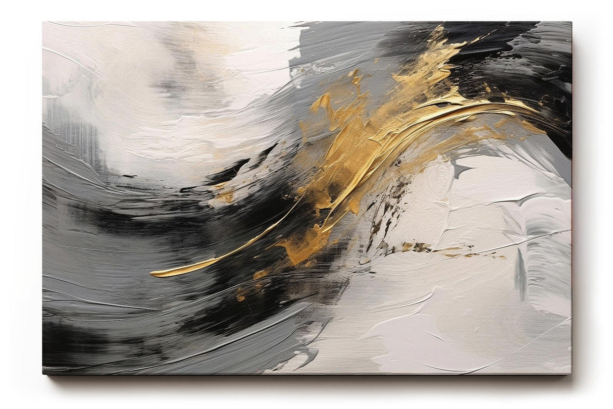 Sinus Art Wandbild 120x80cm Dynamisches Motiv mit geschwungener Bewegung in Schwarz, Weiß und Gold für eindrucksvolle Raumgestaltung