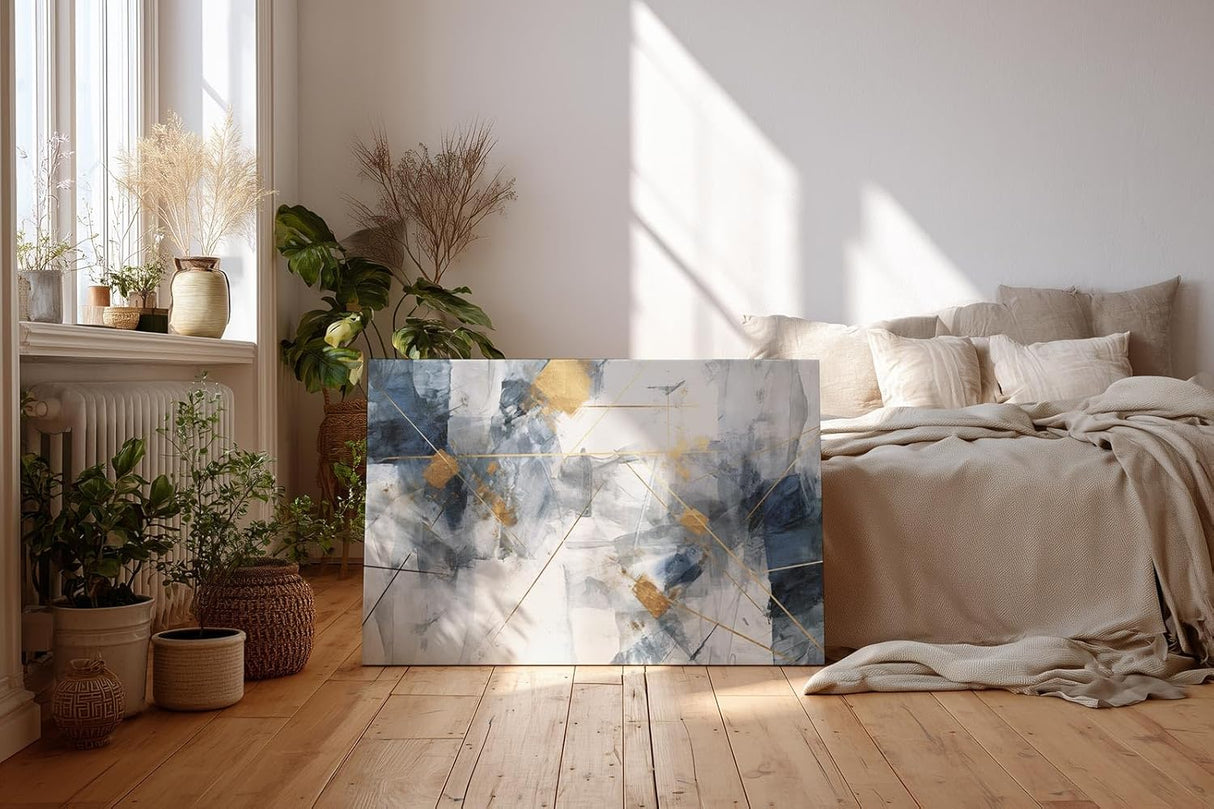 Sinus Art Wandbild 120x80cm Elegantes abstraktes Design in Blau, Grau und Weiß mit goldenen Linien für moderne Raumgestaltung