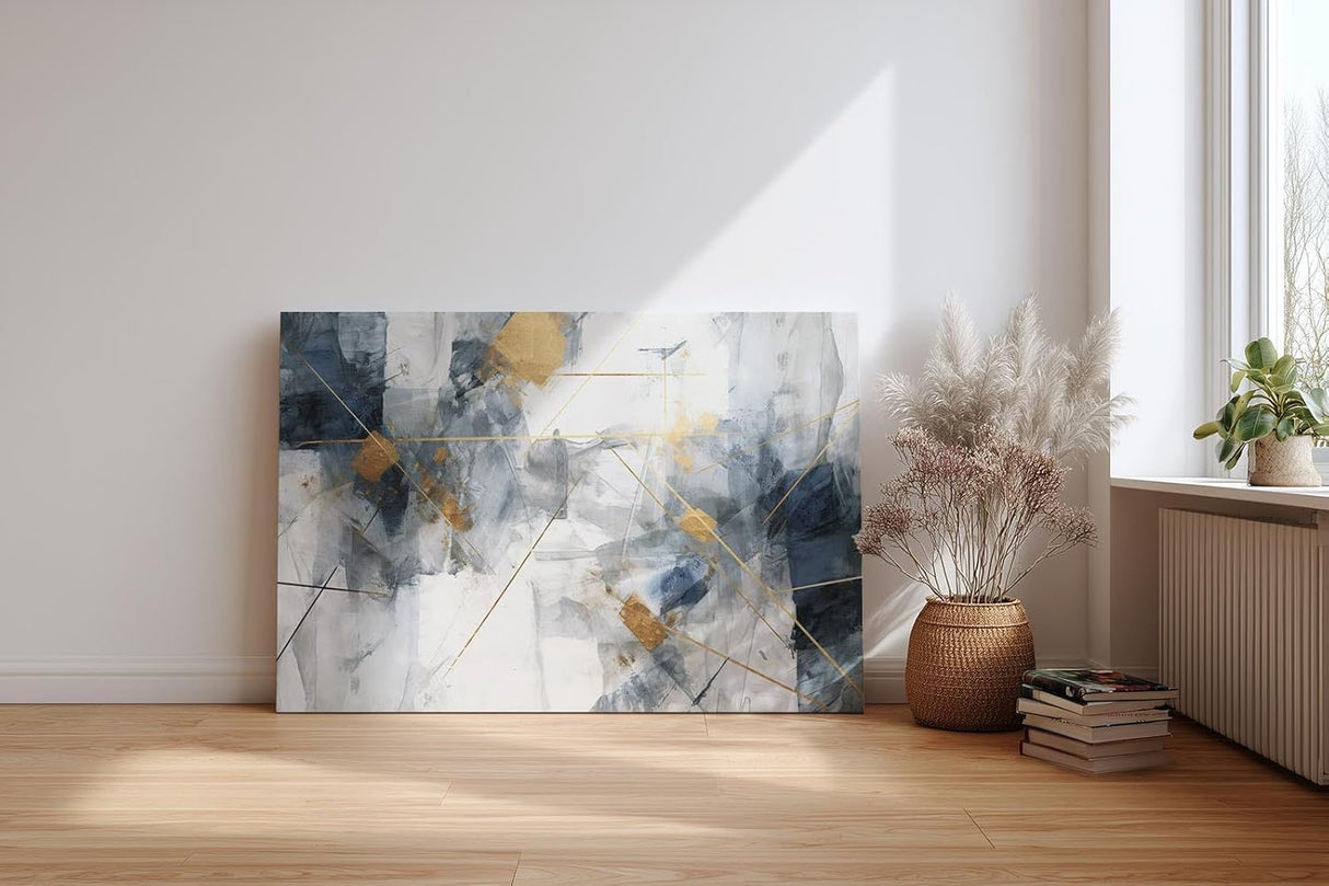 Sinus Art Wandbild 120x80cm Elegantes abstraktes Design in Blau, Grau und Weiß mit goldenen Linien für moderne Raumgestaltung