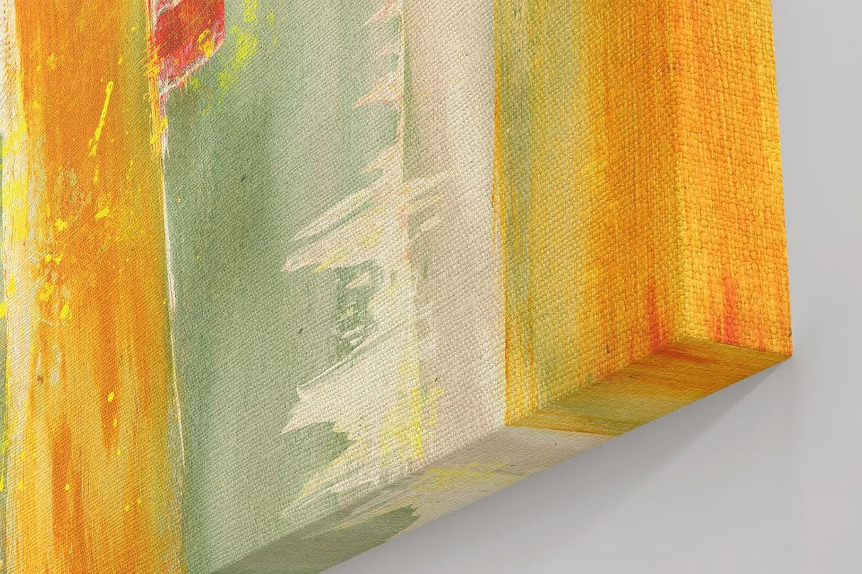 Sinus Art Wandbild 120x80cm Gelb-orange vertikale Pinselstriche auf grünlichem Grund mit leuchtenden Akzenten
