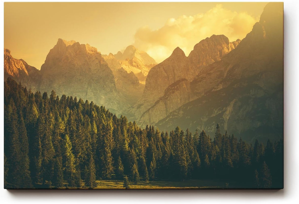 Sinus Art Wandbild 120x80cm Goldenes Abendlicht taucht die Berge und Wälder in sanfte, beruhigende Töne