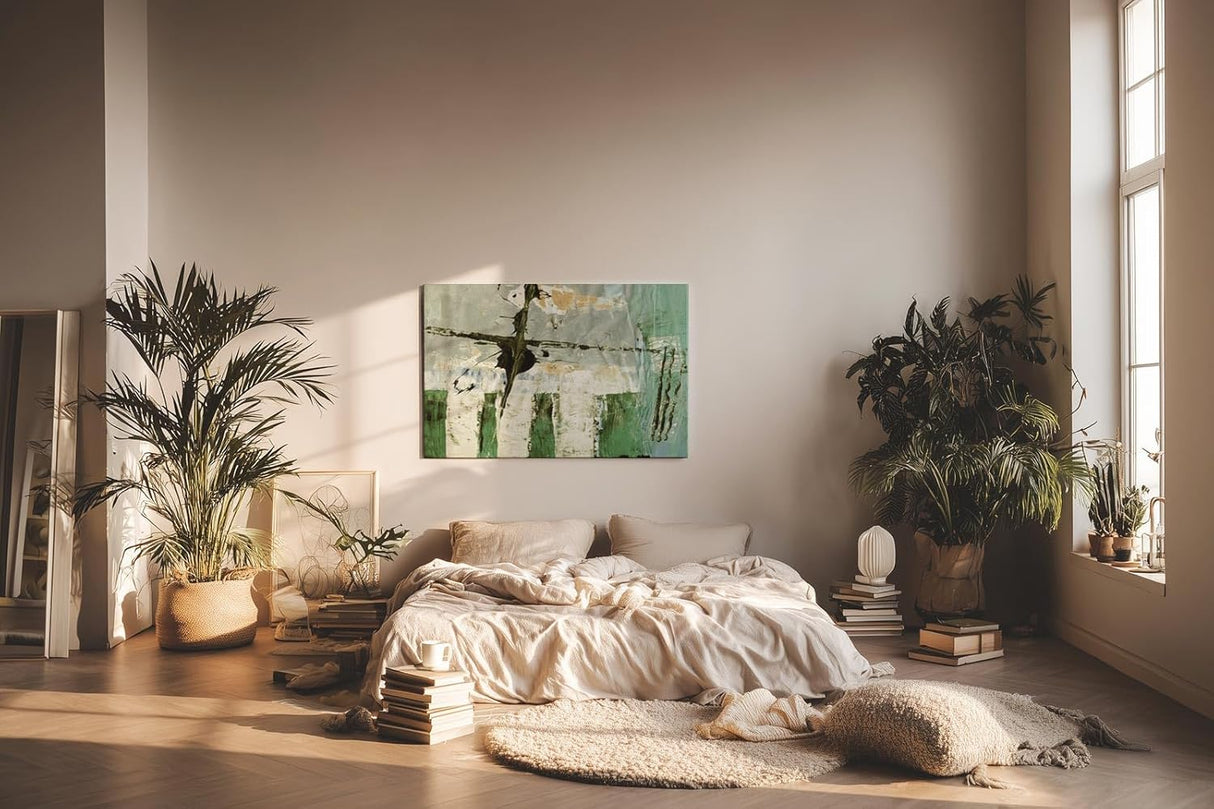 Sinus Art Wandbild 120x80cm Grüne und weiße Pinselstrukturen mit vertikalen Elementen und abstrakten Flächen
