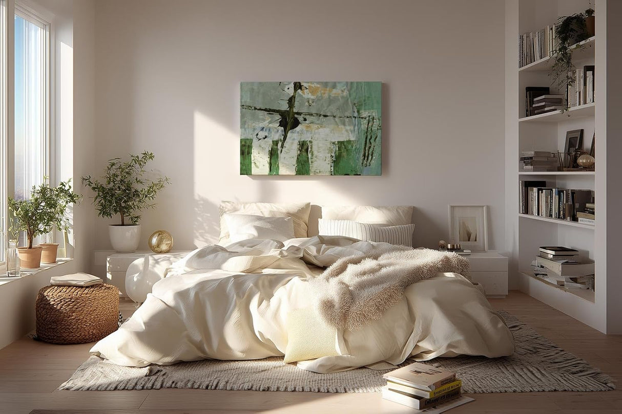 Sinus Art Wandbild 120x80cm Grüne und weiße Pinselstrukturen mit vertikalen Elementen und abstrakten Flächen
