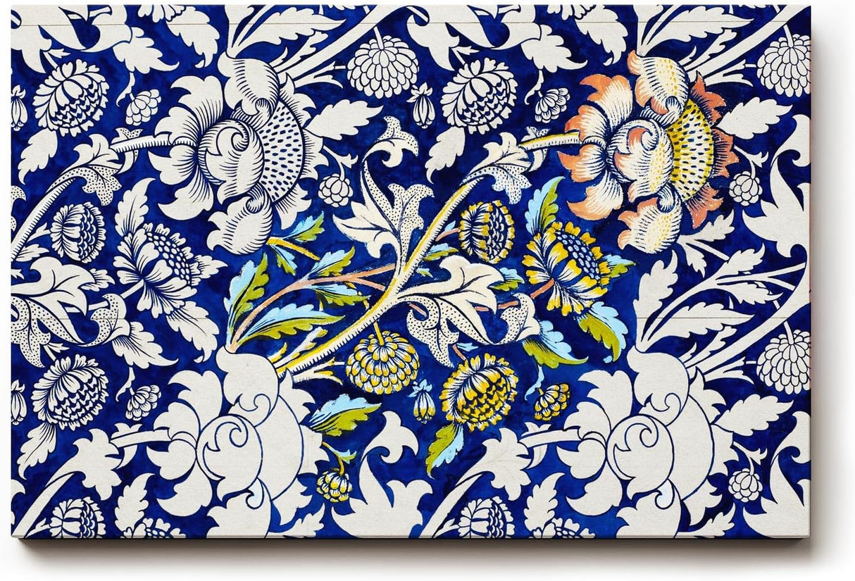 Sinus Art Wandbild 120x80cm Historisch inspiriertes Ornamentmuster mit Blüten, Ranken und klassischen Formen auf dunklem Blau