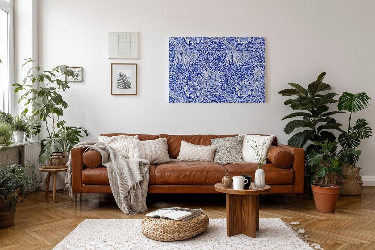 Sinus Art Wandbild 120x80cm Klassisches Blütendekor mit feinen Linien und dichter Musterung auf tiefblauem Grund