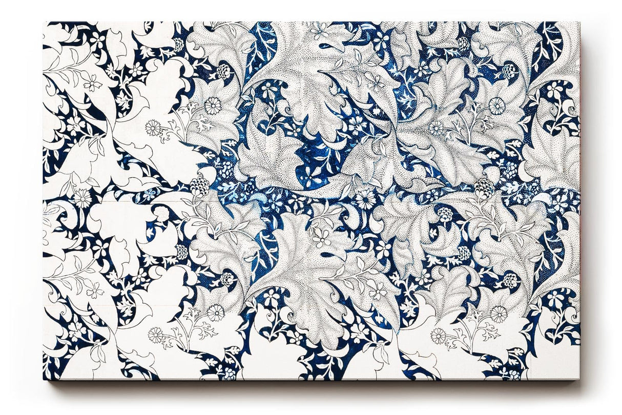 Sinus Art Wandbild 120x80cm Komplexes Blatt- und Rankenmuster in Blau-Weiß mit klarer Linienführung und Tiefe