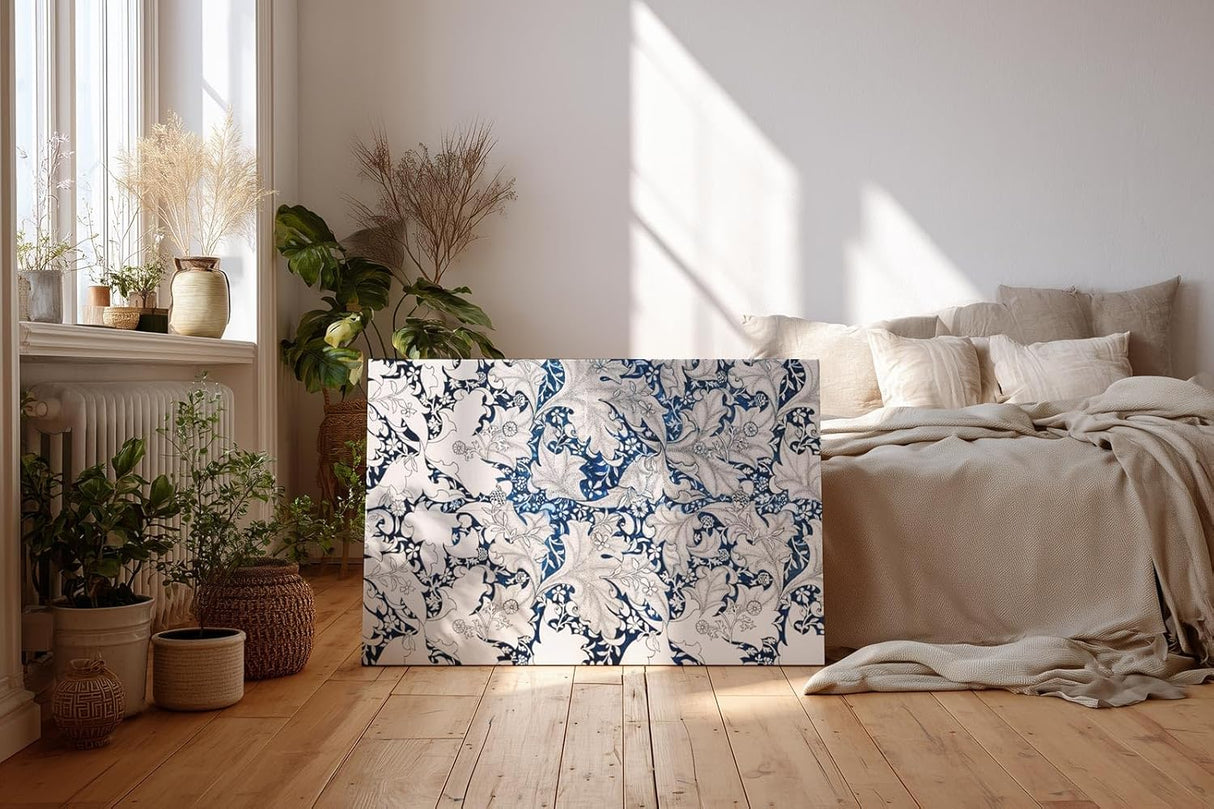 Sinus Art Wandbild 120x80cm Komplexes Blatt- und Rankenmuster in Blau-Weiß mit klarer Linienführung und Tiefe