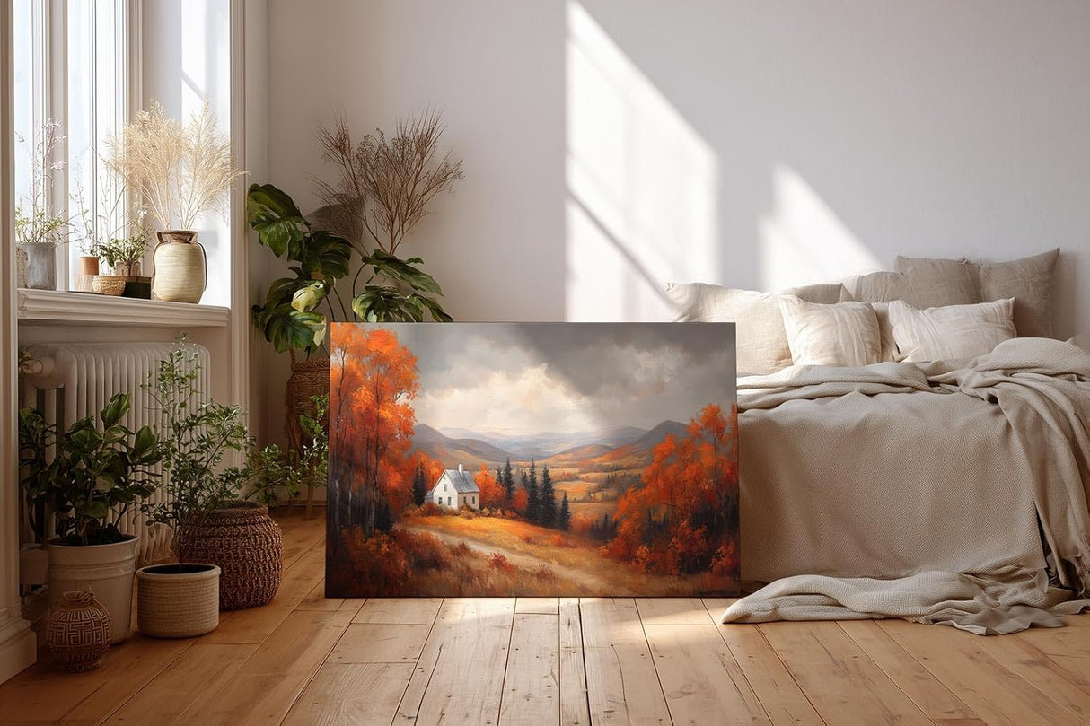 Sinus Art Wandbild 120x80cm Malerisches Motiv mit Hügeln, buntem Laub, weißem Haus und weitem Blick in herbstlicher Stimmung