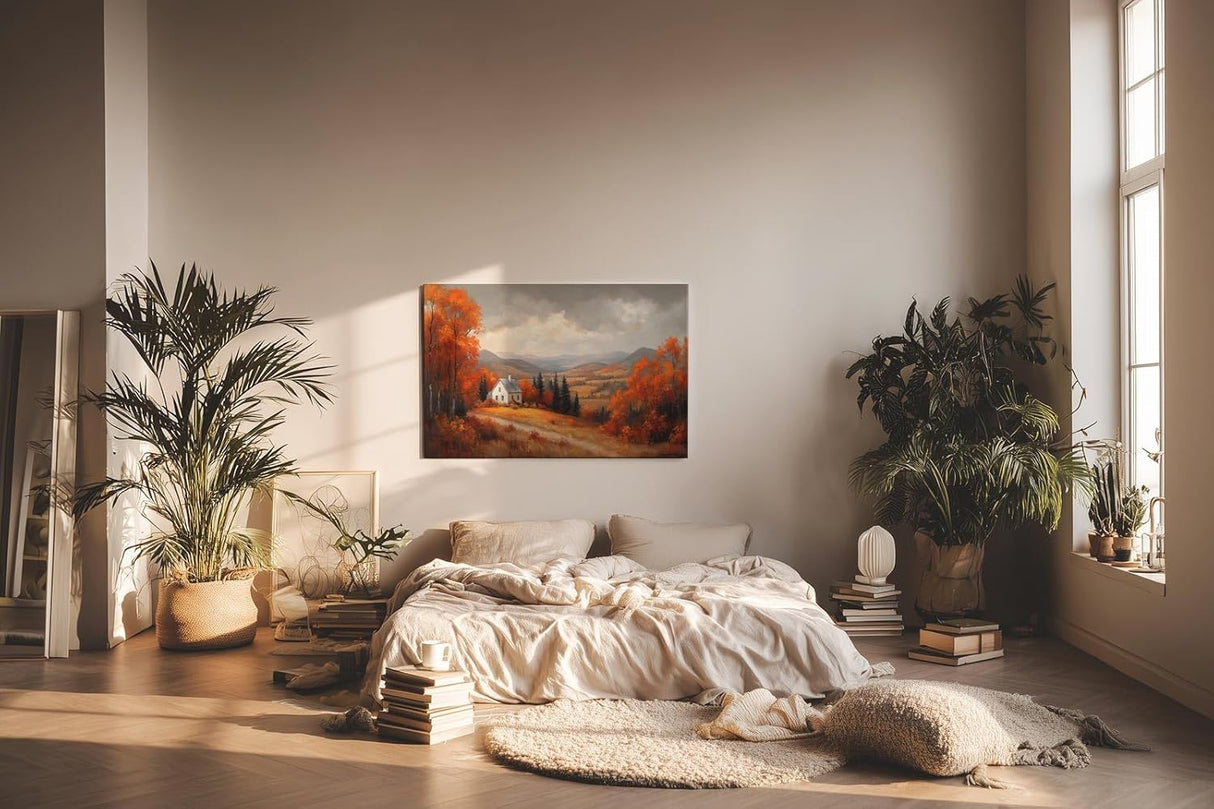 Sinus Art Wandbild 120x80cm Malerisches Motiv mit Hügeln, buntem Laub, weißem Haus und weitem Blick in herbstlicher Stimmung