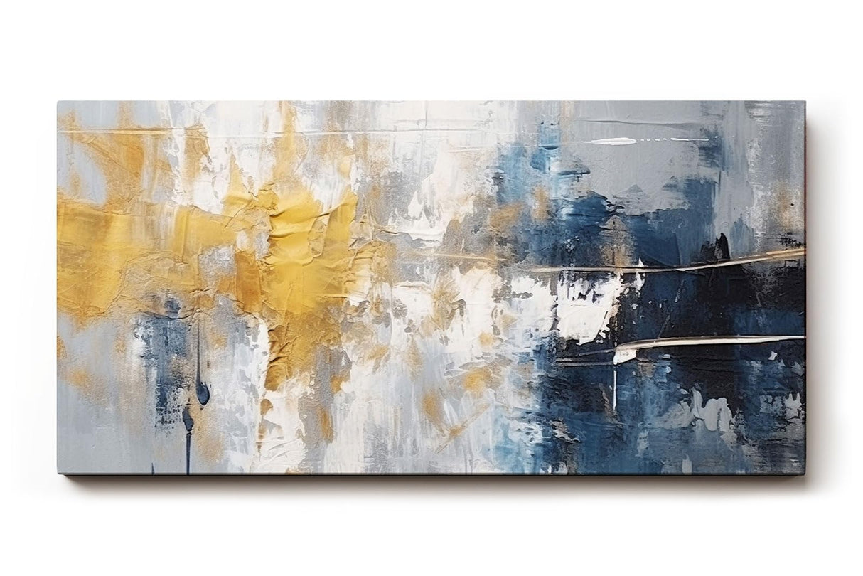 Sinus Art Wandbild 120x80cm Markante abstrakte Farbflächen in Blau, Gold und Weiß erzeugen Tiefe und Ausdruckskraft im Raum
