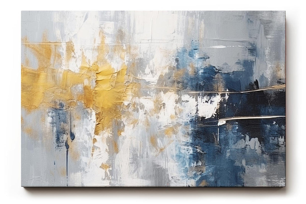 Sinus Art Wandbild 120x80cm Markante abstrakte Farbflächen in Blau, Gold und Weiß erzeugen Tiefe und Ausdruckskraft im Raum
