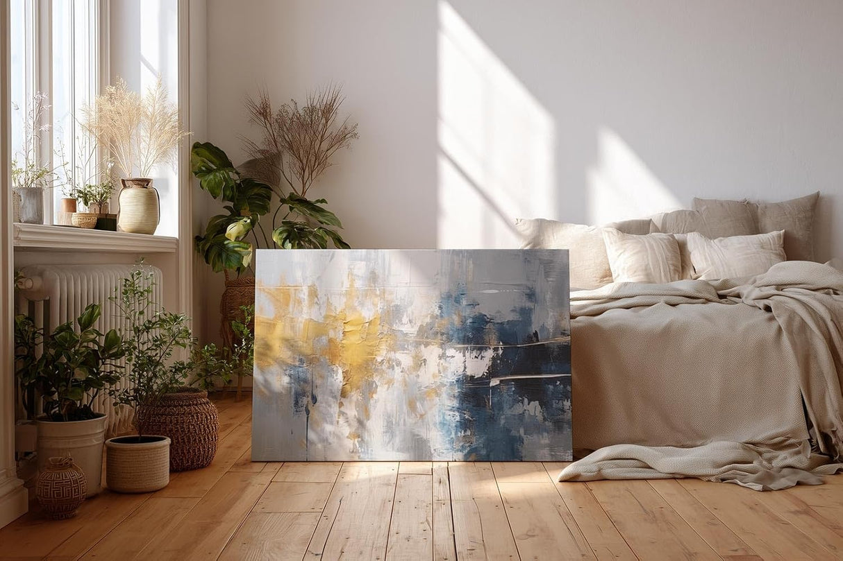 Sinus Art Wandbild 120x80cm Markante abstrakte Farbflächen in Blau, Gold und Weiß erzeugen Tiefe und Ausdruckskraft im Raum