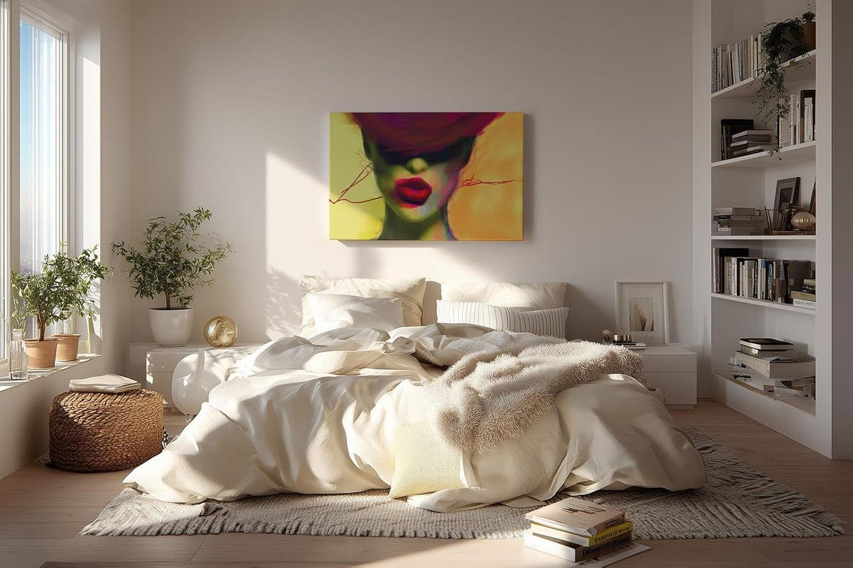 Sinus Art Wandbild 120x80cm Starke Frauenfigur mit roten Lippen und abstrakter Farbgestaltung im Neonstil