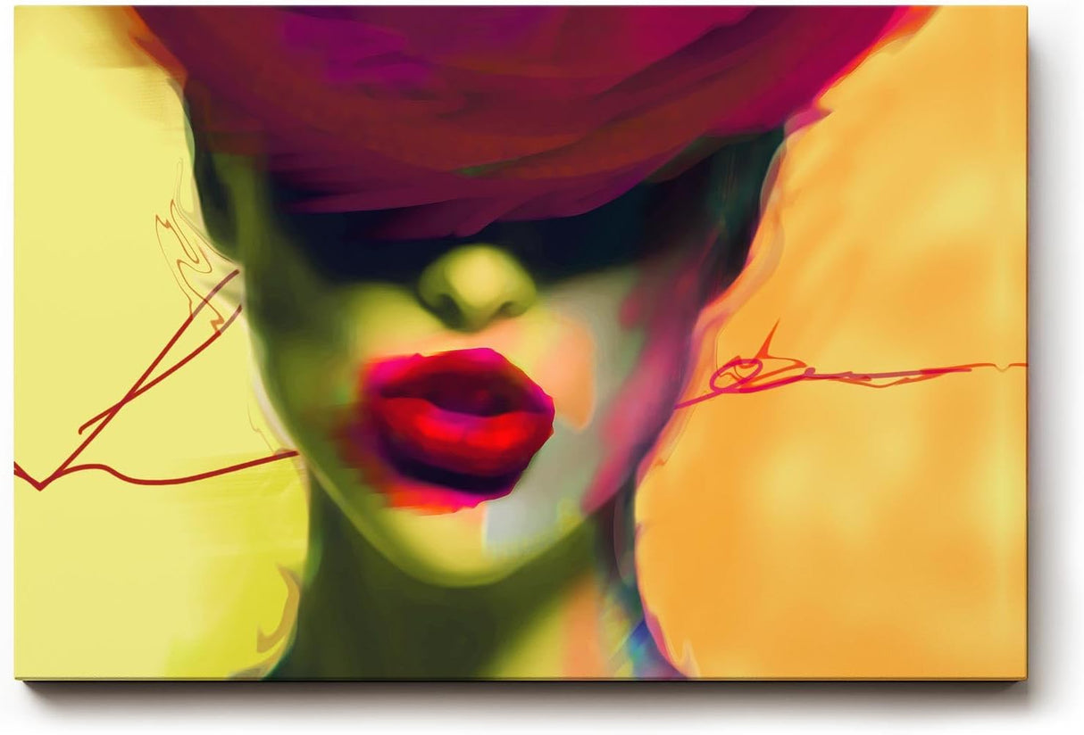 Sinus Art Wandbild 120x80cm Starke Frauenfigur mit roten Lippen und abstrakter Farbgestaltung im Neonstil