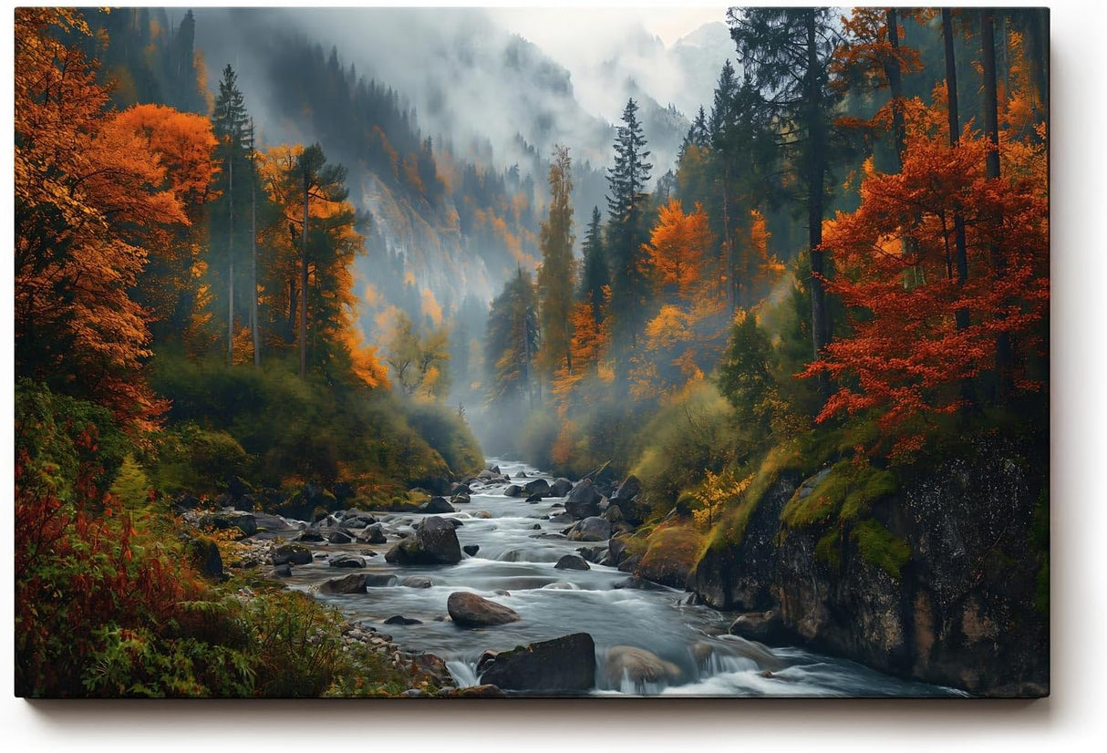 Sinus Art Wandbild 120x80cm Stimmungsvolles Naturmotiv mit fließendem Bach im nebelverhangenen Herbstwald – lebendig und tiefgründig