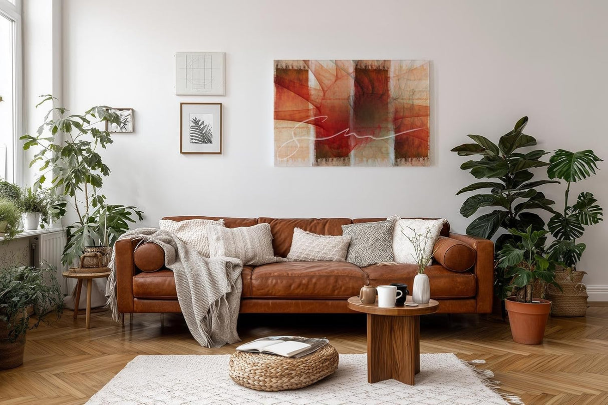 Sinus Art Wandbild 120x80cm Strahlenförmige Elemente in Rot und Weiß mit dynamischer Linie auf gemustertem Hintergrund