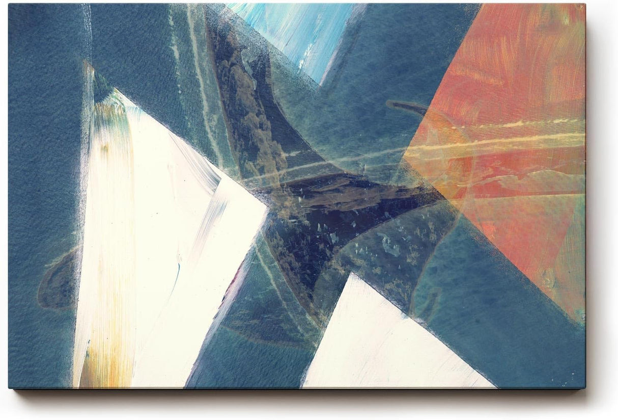 Sinus Art Wandbild 120x80cm Überschneidende Dreiecke in Blau, Weiß und Orange mit pastosen Farbspuren