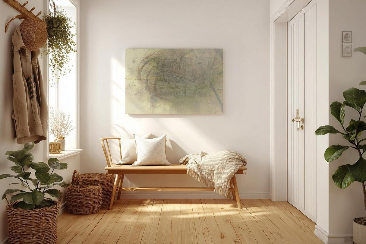 Sinus Art Wandbild 120x80cm Zart abstrahierte Formen in Beige- und Grüntönen mit subtiler Typografie