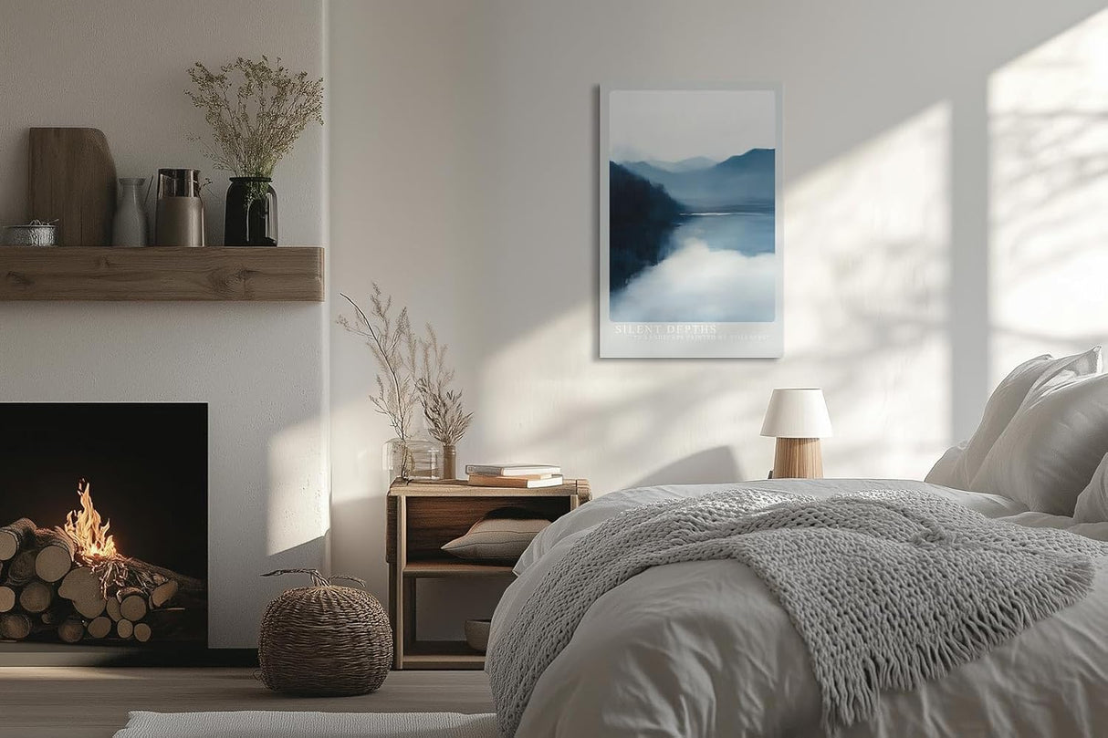 Paul Sinus Leinwandbild 80x120cm Stille Tiefen – Sanfte Berglandschaft mit nebliger Atmosphäre, ruhiger Wasserreflexion und meditativer Wirkung